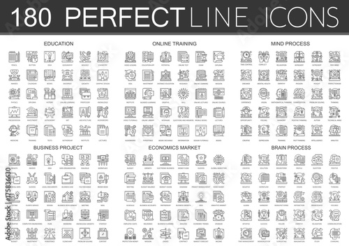 180 outline mini concept infographic symbol icons education, online training, mind process, business project, economics market, brain process