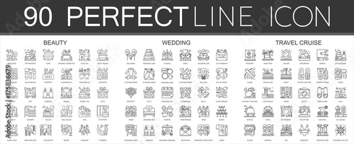 90 outline mini concept infographic symbol of icons beauty, wedding, travel cruise.