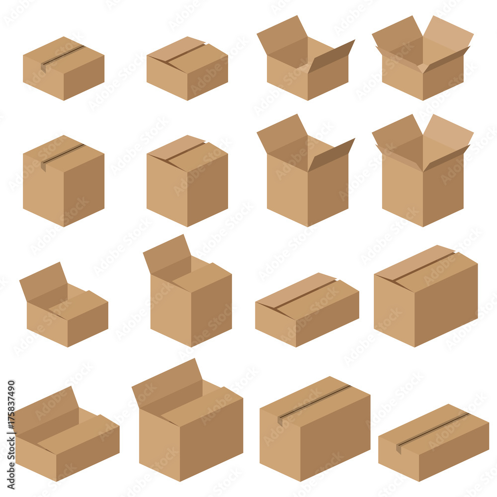 Set of different vector cardboard boxes. Realistic mockups of brown delivery packages. Set of different vector cardboard boxes. Realistic mockups of brown delivery packages.