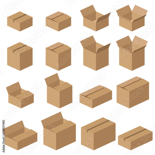 Set of different vector cardboard boxes. Realistic mockups of brown delivery packages. © Markoff