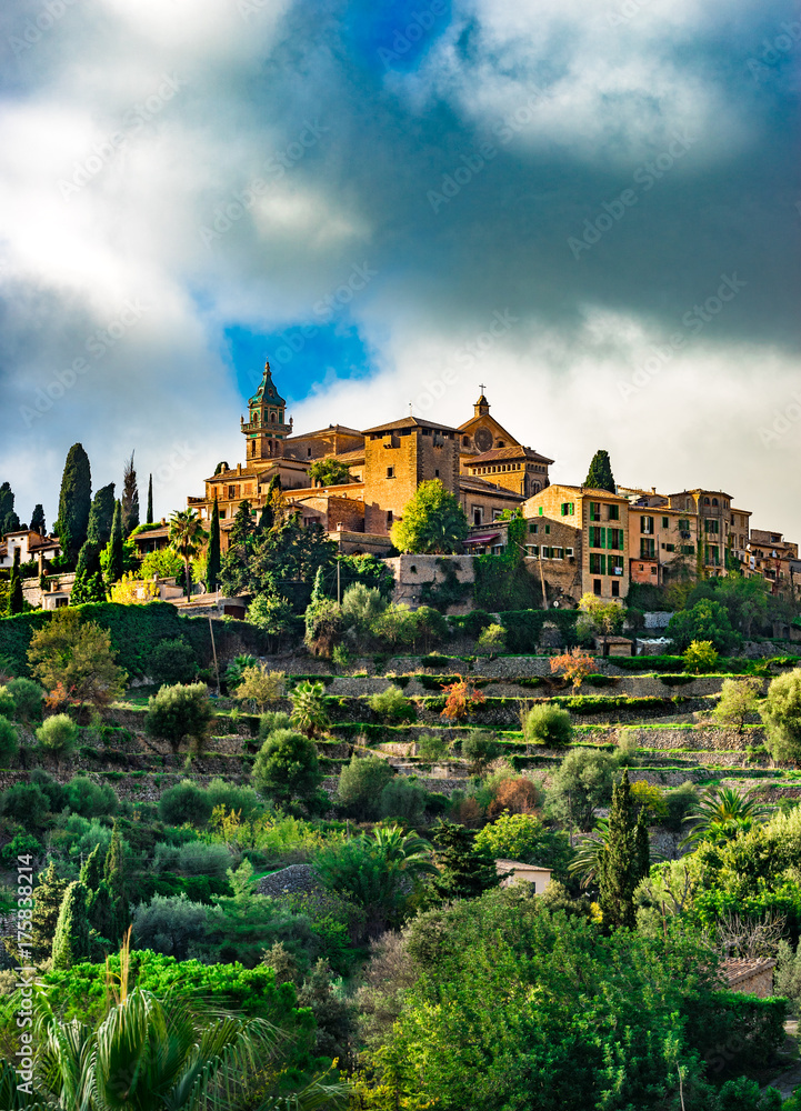 Idyllic view of the beautiful village Valldemossa on Majorca island, Spain
