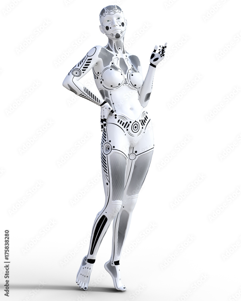Robot woman. White metal droid. Artificial Intelligence. Conceptual fashion art. Realistic 3D render illustration. Studio, isolate, high key. Robot woman. White metal droid. Artificial Intelligence. Conceptual fashion art. Realistic 3D render illustration. Studio, isolate, high key.