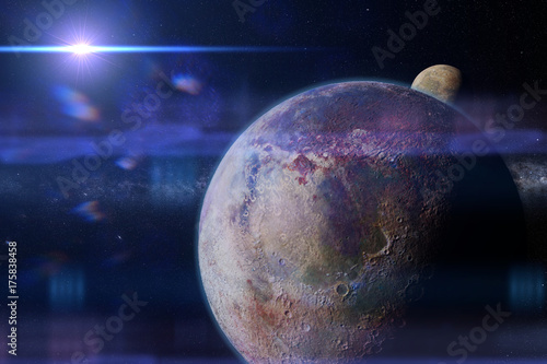 Fototapeta Naklejka Na Ścianę i Meble -  habitable alien planet with moon and the Milky Way galaxy