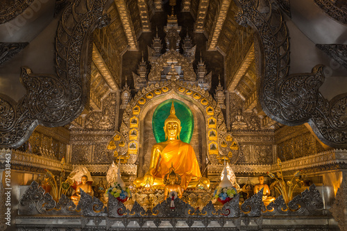 Golden Buddhism sculpture set in the silver temple Wat Srisuphan, Chiang Mai, Thailand