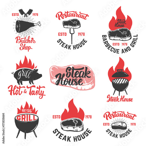 Set of vintage steak house emblems. Grilled steak.