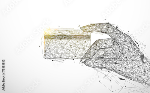 Hand holding credit card from lines and triangles, point connecting network on background. Illustration vector