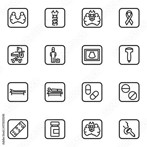 Set of thyroid gland anatomy, its diagnosis and treatment. Flat outline vector icons.
