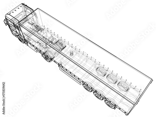 Car Delivery Semi Truck Trailer. Wire-frame. EPS10 format. Vector rendering of 3d.