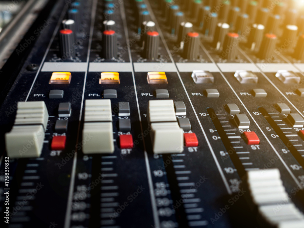 Sound mixer control panel, buttons equipment for sound mixer control, Sound mixer control for live music and studio equipment. Sound mixer control panel, buttons equipment for sound mixer control, Sound mixer control for live music and studio equipment.