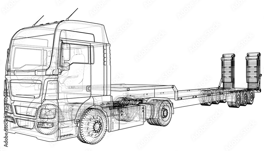 Low bed Truck Trailer. Wire-frame. EPS10 format. Vector rendering of 3d.