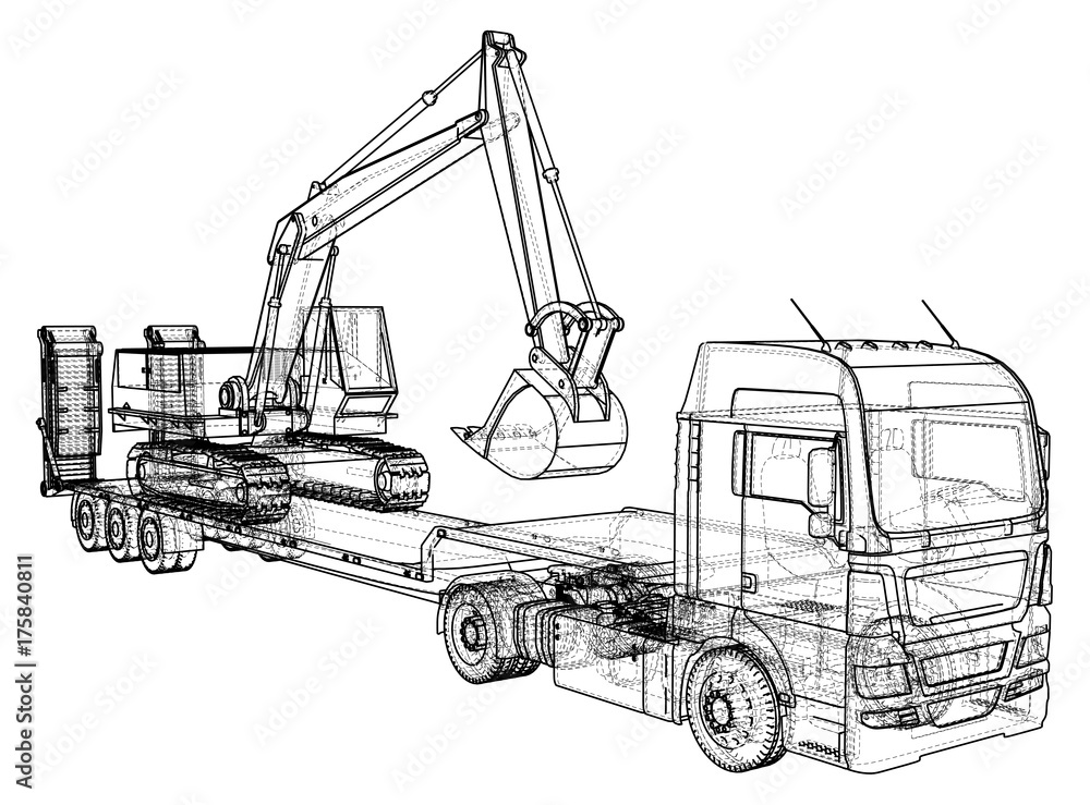 Low bed Truck Trailer and excavator. Wire-frame. EPS10 format. Vector created of 3d.