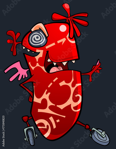 cartoon funny fantasy character red creature on wheels