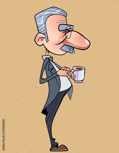 cartoon funny long nosed man in a tailcoat with a cup in hand