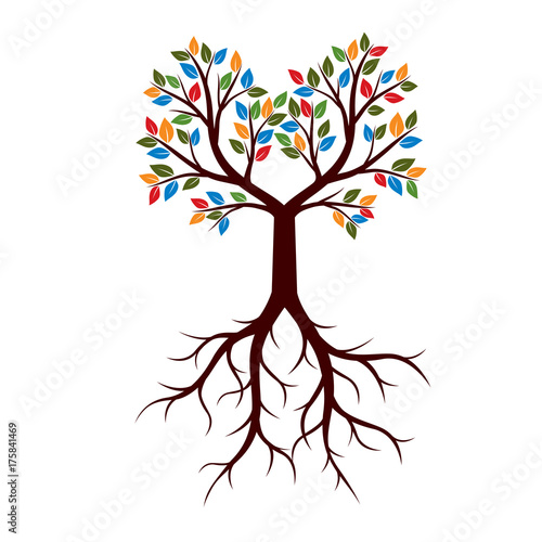 Beauliful Tree with Roots and color Leaves. Vector Illustration.