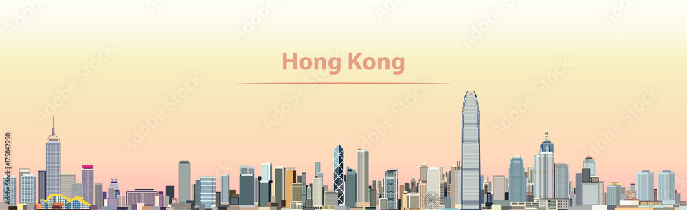 Naklejka premium ilustracji wektorowych panoramę miasta Hongkong o wschodzie słońca