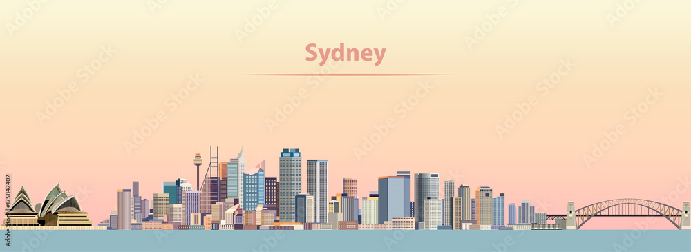Naklejka premium ilustracja wektorowa panoramę miasta Sydney o wschodzie słońca
