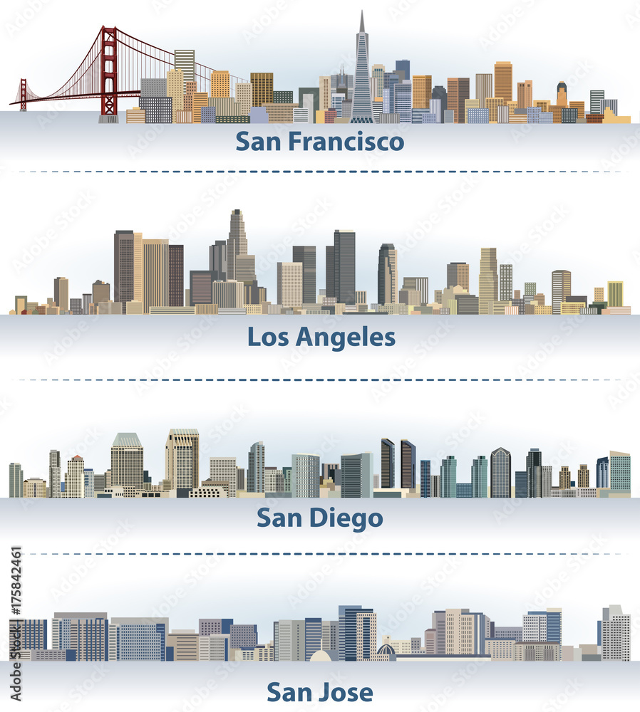 United States city skylines San Francisco, Los Angeles, San Diego and