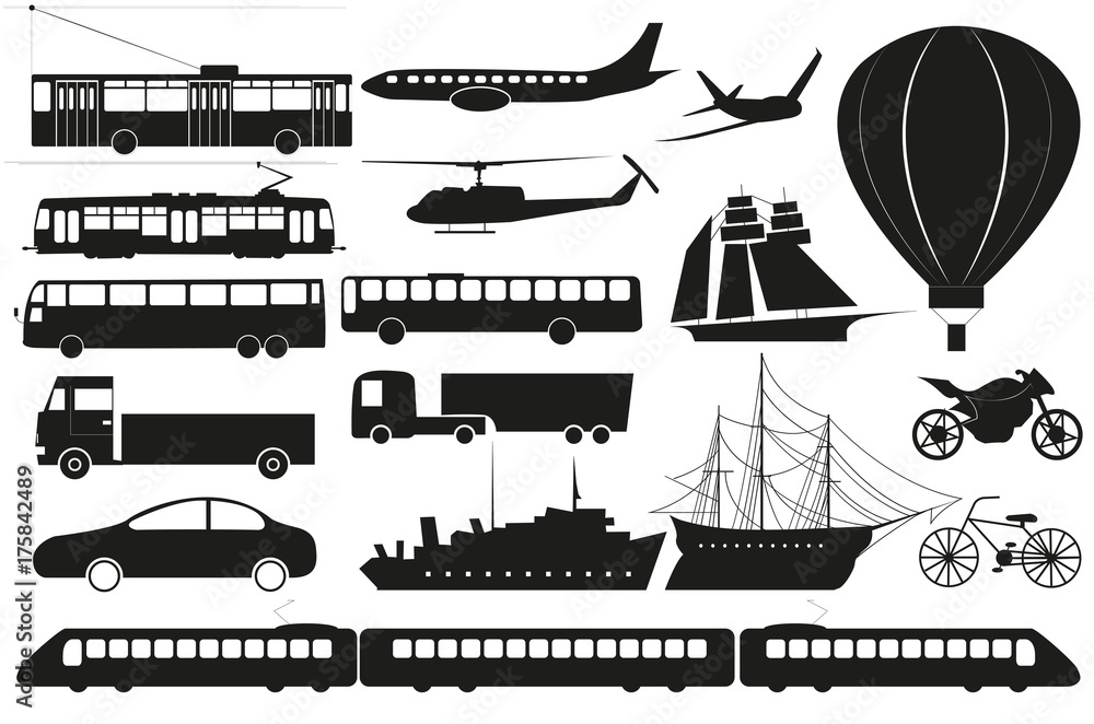 transport silhouettes icons vector set