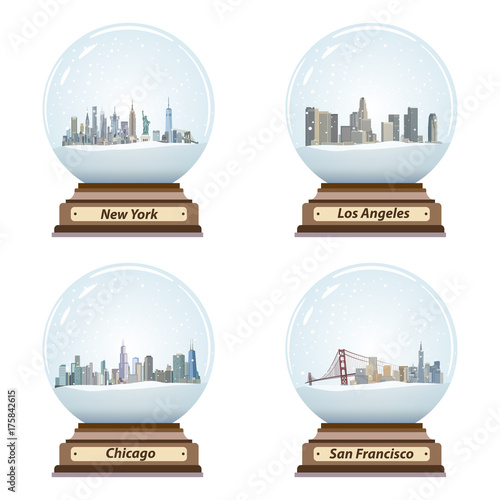 snow globes with United States city skylines vector set