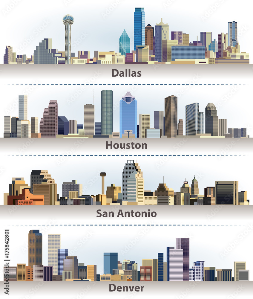 United States city skylines Dallas, Houston, San Antonio and Denver