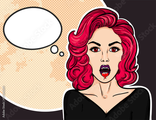 Pop-art vampire woman with blood on lower purple lips. Halloween vector illustration with moon and bubble for text on a dark background