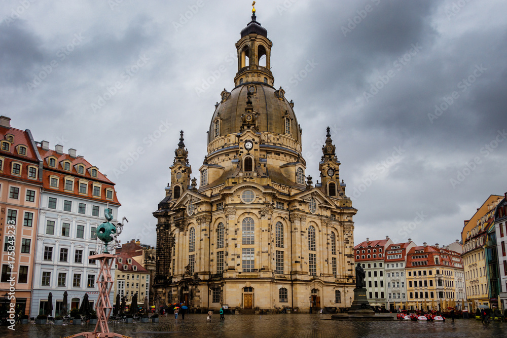 ity view of Dresden in east Germany on a stormy autumn October day showing the Neumarkt and the Frauenkirche