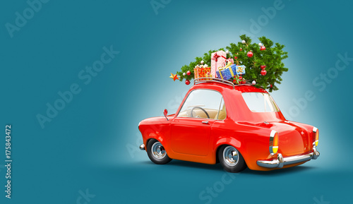 Red Santa's car with gift boxes and christmas tree on the top