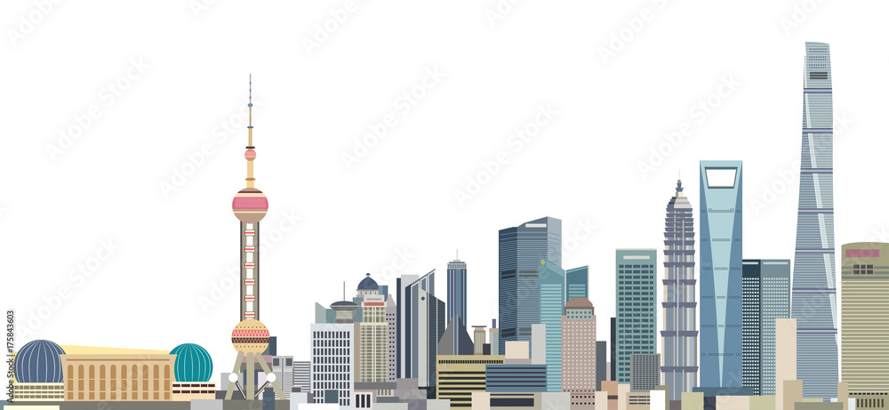 Fototapeta premium ilustracji wektorowych panoramę miasta Szanghaj o wschodzie słońca