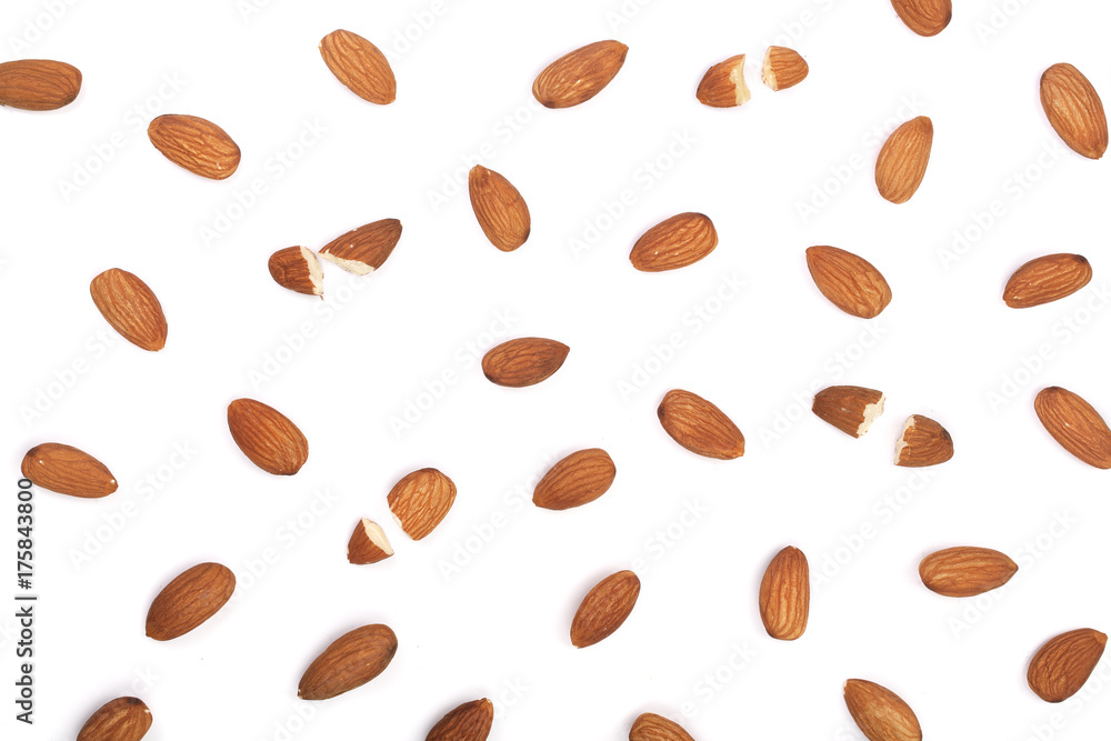 almonds isolated on white background. Flat lay pattern almonds isolated on white background. Flat lay pattern
