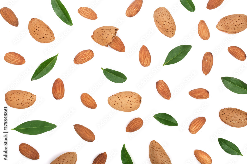 almonds with leaves isolated on white background. Flat lay pattern almonds with leaves isolated on white background. Flat lay pattern