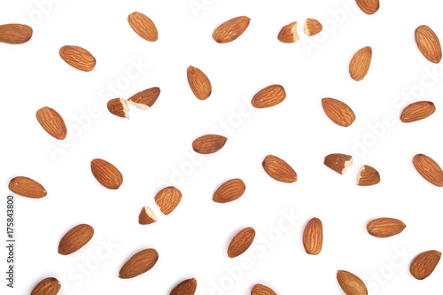 almonds isolated on white background. Flat lay pattern