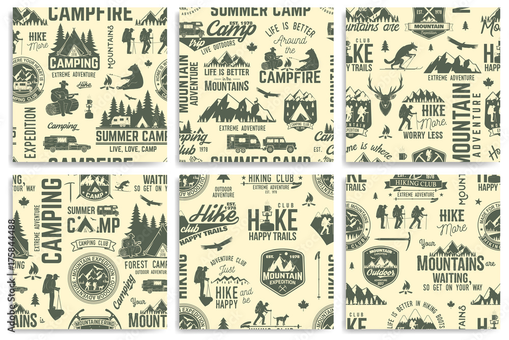 Summer camp and Hiking seamless pattern or background.