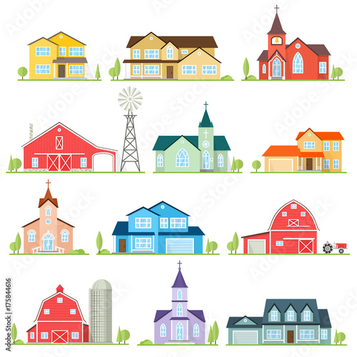 Set of vector flat icon suburban american houses.