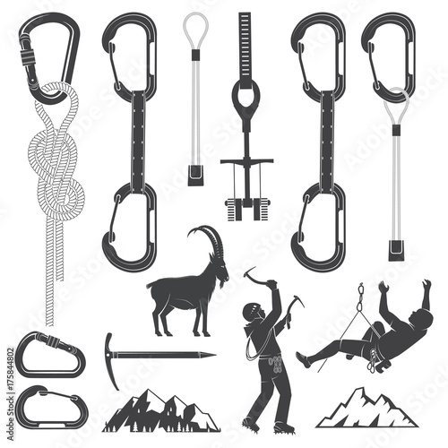 Set of Alpine Climbing Equipment silhouette icons.