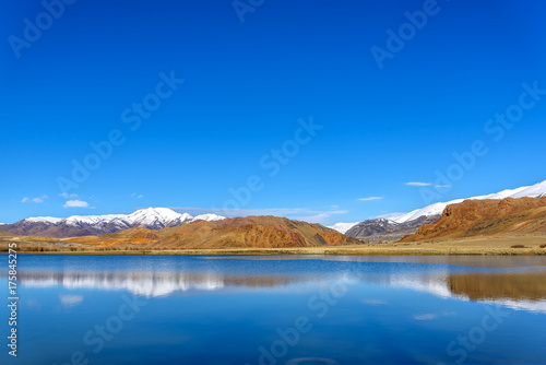 lake mountains azure sky reflection autumn