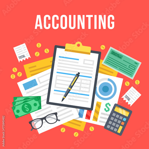 Accounting, bookkeeping, check financial statements, corporate paperwork concept. Top view. Modern flat design graphic. Creative vector illustration
