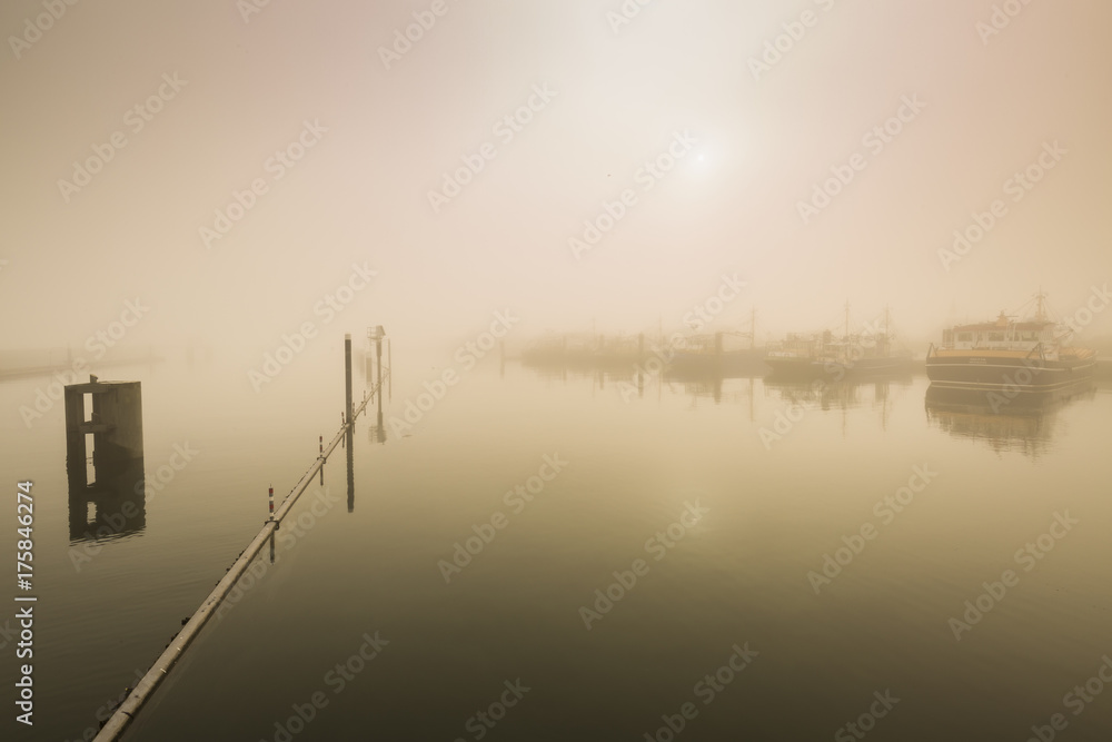 Fototapeta premium Fishing boats awaiting delayed departure in harbour due to heavy fog