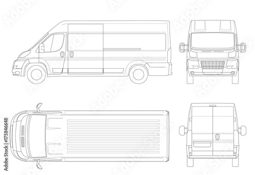 Commercial vehicle or Logistic car outline. Cargo minivan isolated on white background. View front, rear, side, top. All elements in groups on separate layers