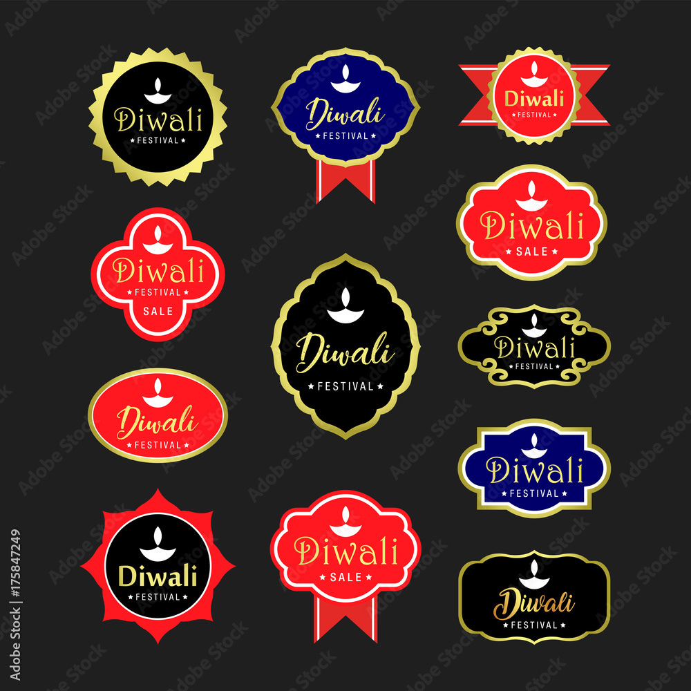 Set of Diwali labels design. Diwali Hindu festival labels