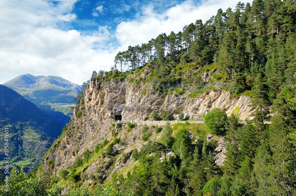 Mountains of the Pyrenees, road and tunnel.