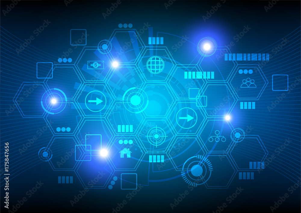 Technology background, hexagon and icons with blue glowing lights on dark background