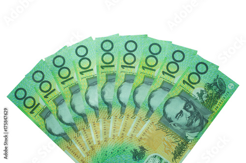 Australian dollar, Australia money 100 dollars banknotes stack on white background with clipping path.