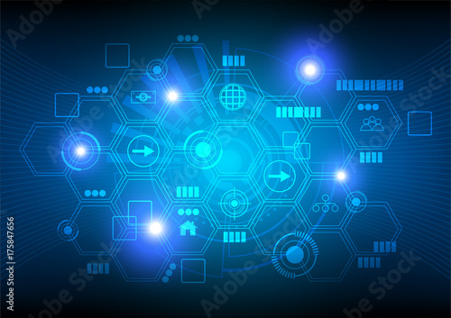 Technology background, hexagon and icons with blue glowing lights on dark background