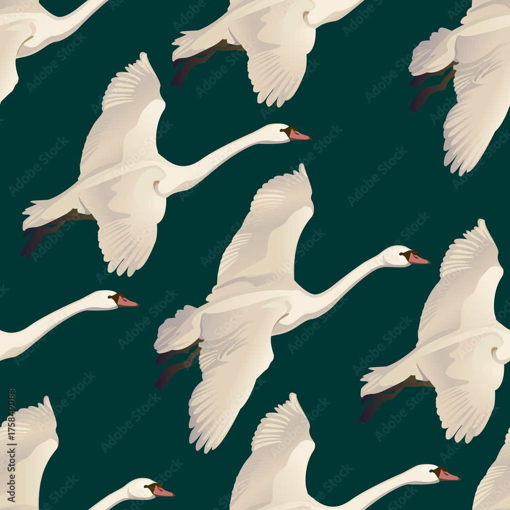 Obraz premium Vector illustration of Seamless pattern of drawing Flying Swans. Hand drawn, doodle graphic design with birds. Wrapping paper, wallpaper, backdrop.