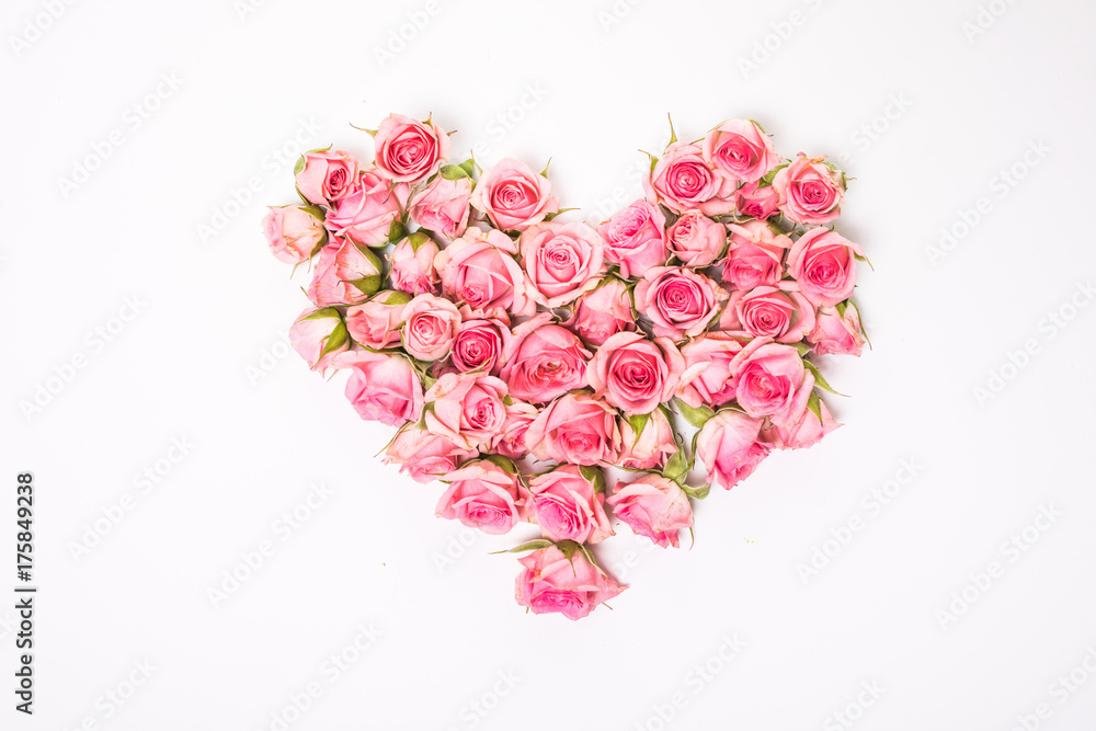 Flower composition. Heart Shaped Pink Rose Arrangement on a White Background.