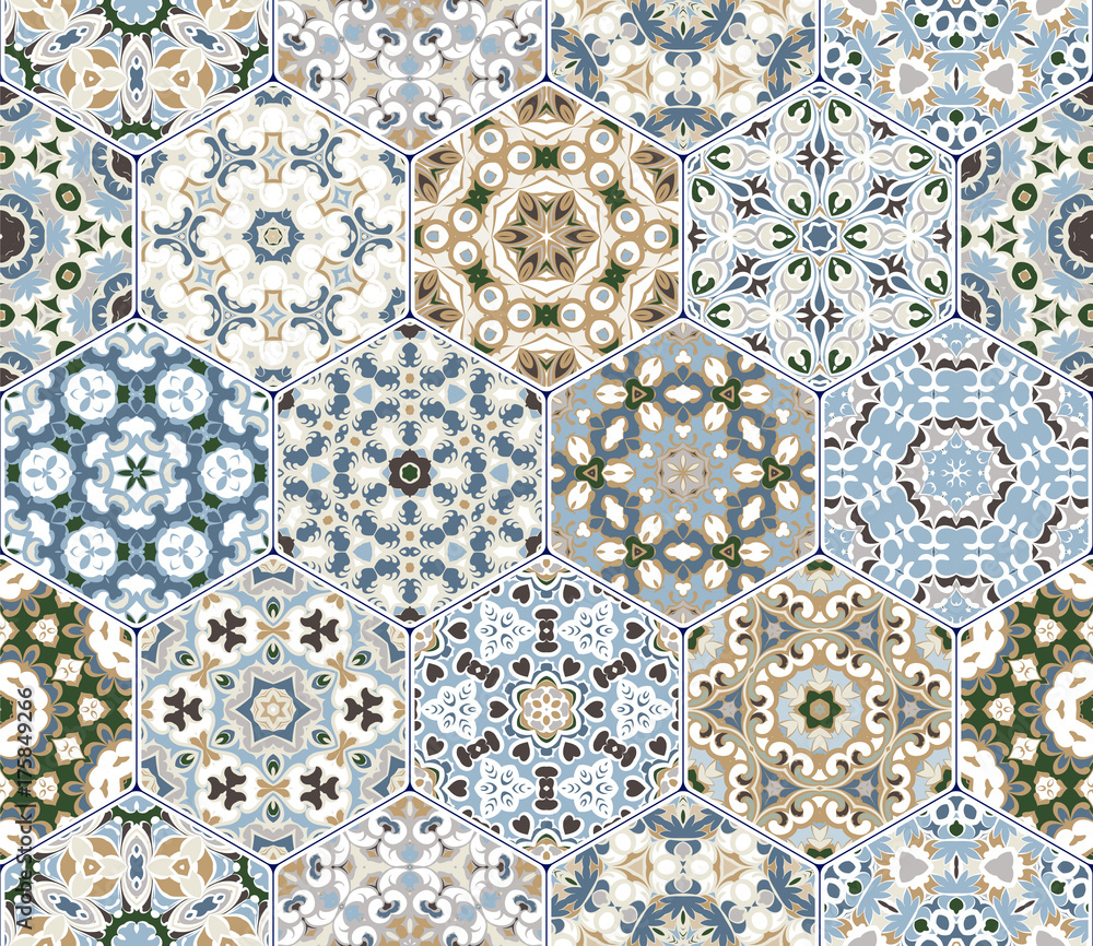 A rich set of hexagonal ceramic tiles in shades of blue and brown. Colorful elements in oriental style. Vector illustration.