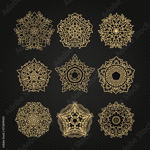 set of circular ornaments sketches for tattoo graphic Thai design