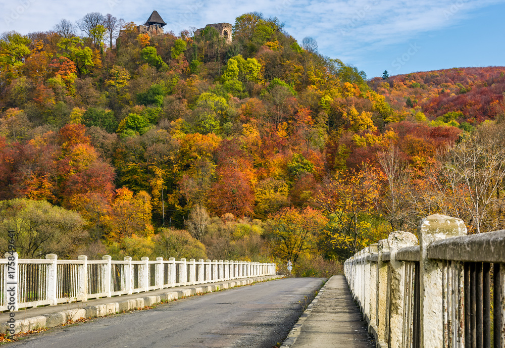 Nevytsky Castle, Ukraine - October 27, 2016: bridge to Nevytsky Castle hill with yellow foliage in autumn forest. popular tourist attraction