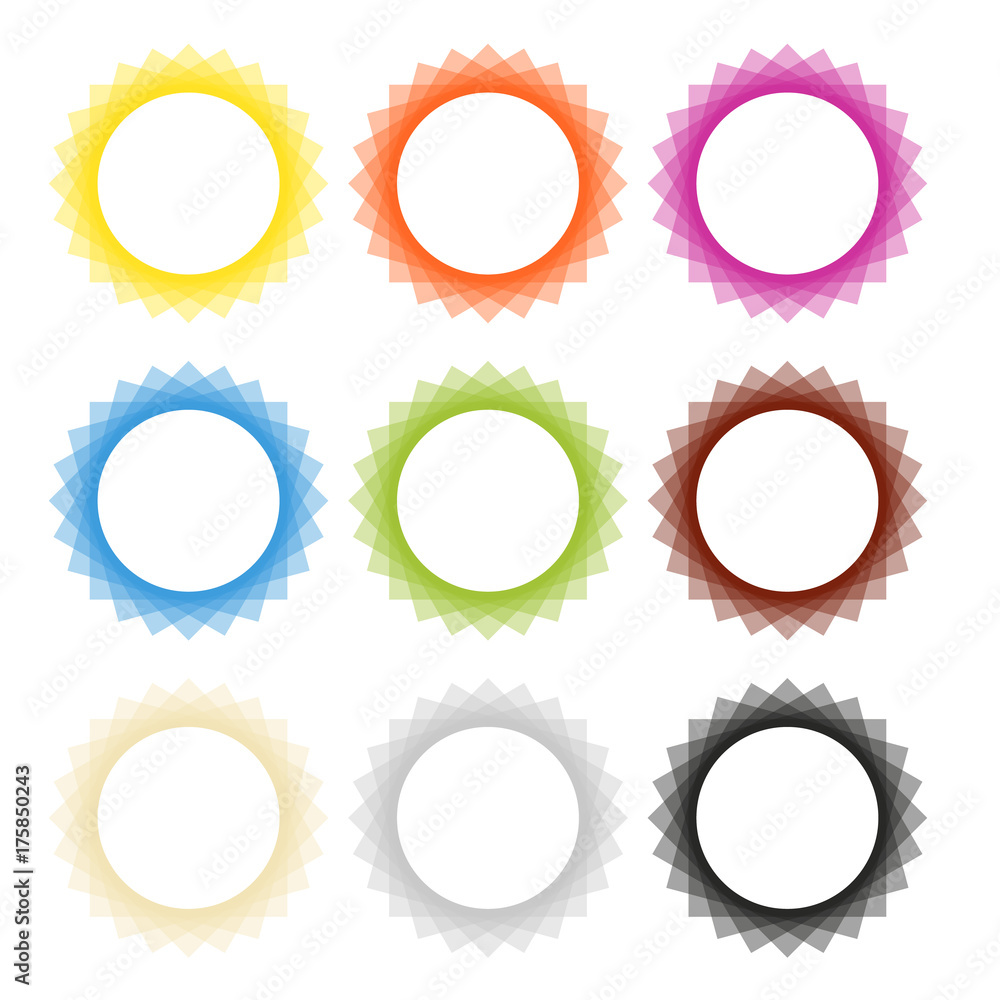 Set of 9 isolated vector abstract frame badges in different colors Set of 9 isolated vector abstract frame badges in different colors