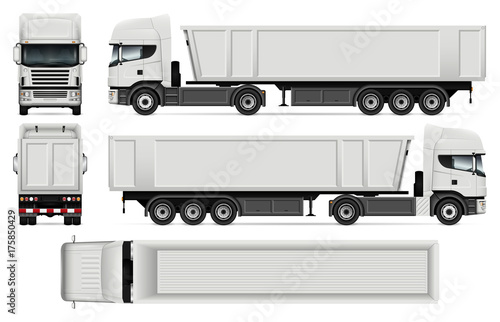 Truck with trailer vector mock up for car branding, advertising and corporate identity. Dump truck Template on white. All layers and groups well organized for easy editing and recolor.